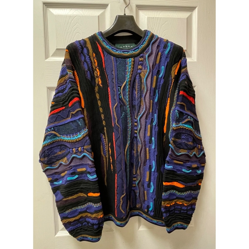Vintage Tundra Men's Large Textured Sweater 3D Coogi Style Hip Hop Canada 90's - Picture 2 of 14